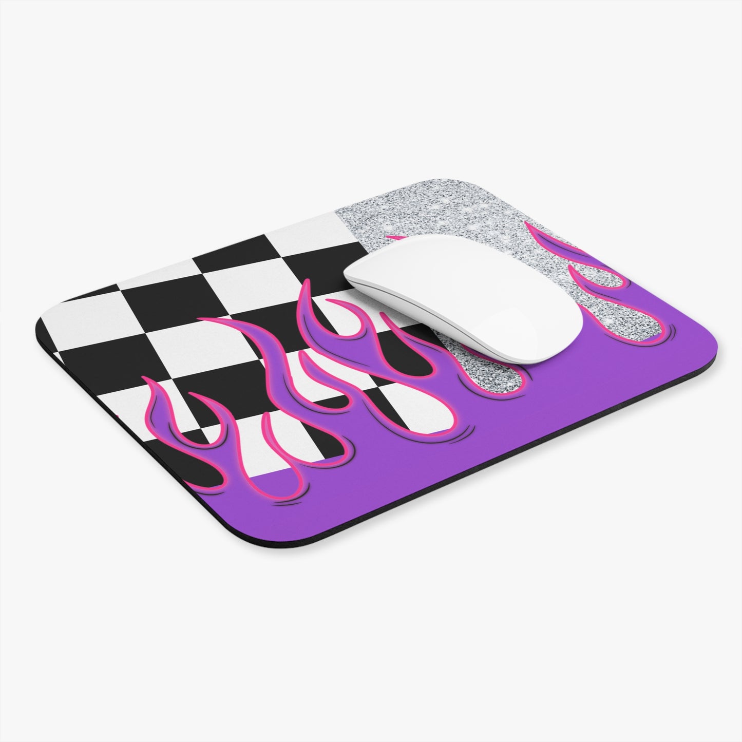 Checkered Silver Glitter Mouse Pad with Purple Flame Design
