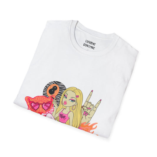 Graphic T-Shirt — Cute Punk Girl Illustration with Dice, Roller Skate & Flaming Heart