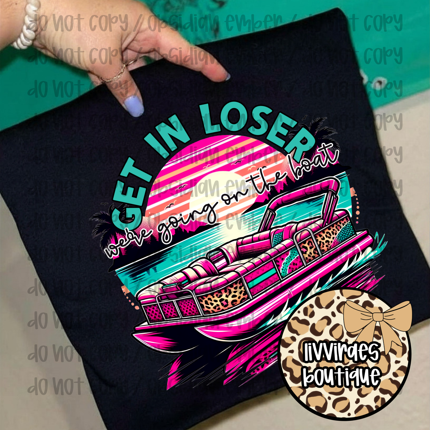 T-Shirt — "Get In Loser" Retro Speedboat Tee (80s Sunset, Beach Palm Vibes)
