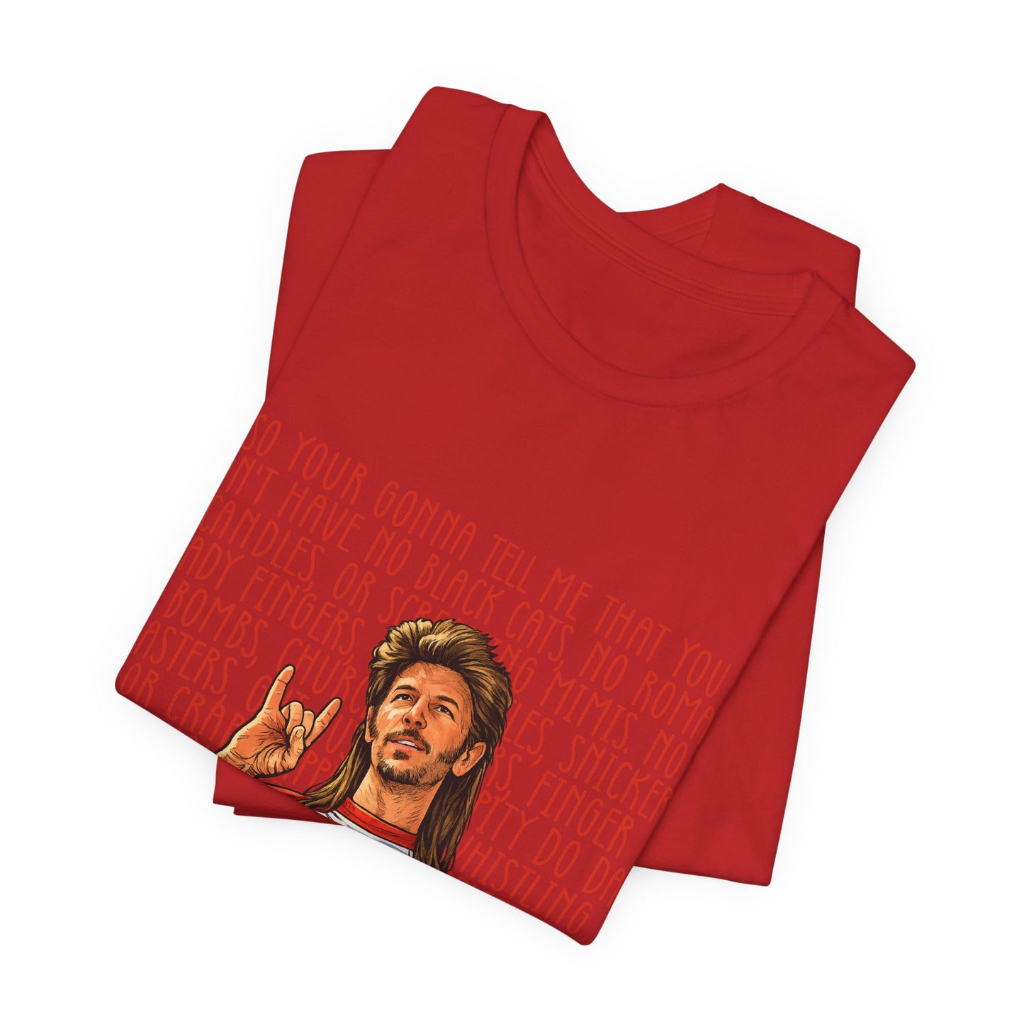 Graphic Tee — Retro Singer Illustration with Hand Gesture & Script Background