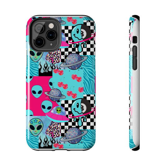 Alien Collage Tough Phone Case — Retro Checkerboard, Planets & Cherry Pop Design