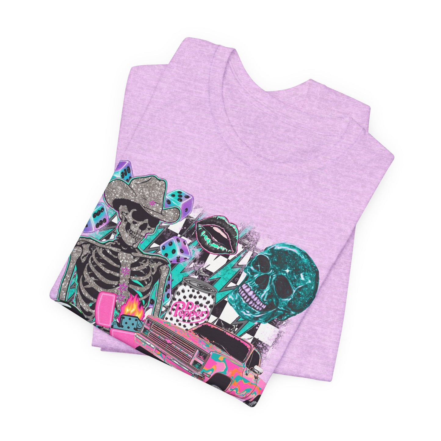 Skeleton Lowrider Tee — Retro Neon Goth Car Culture Shirt
