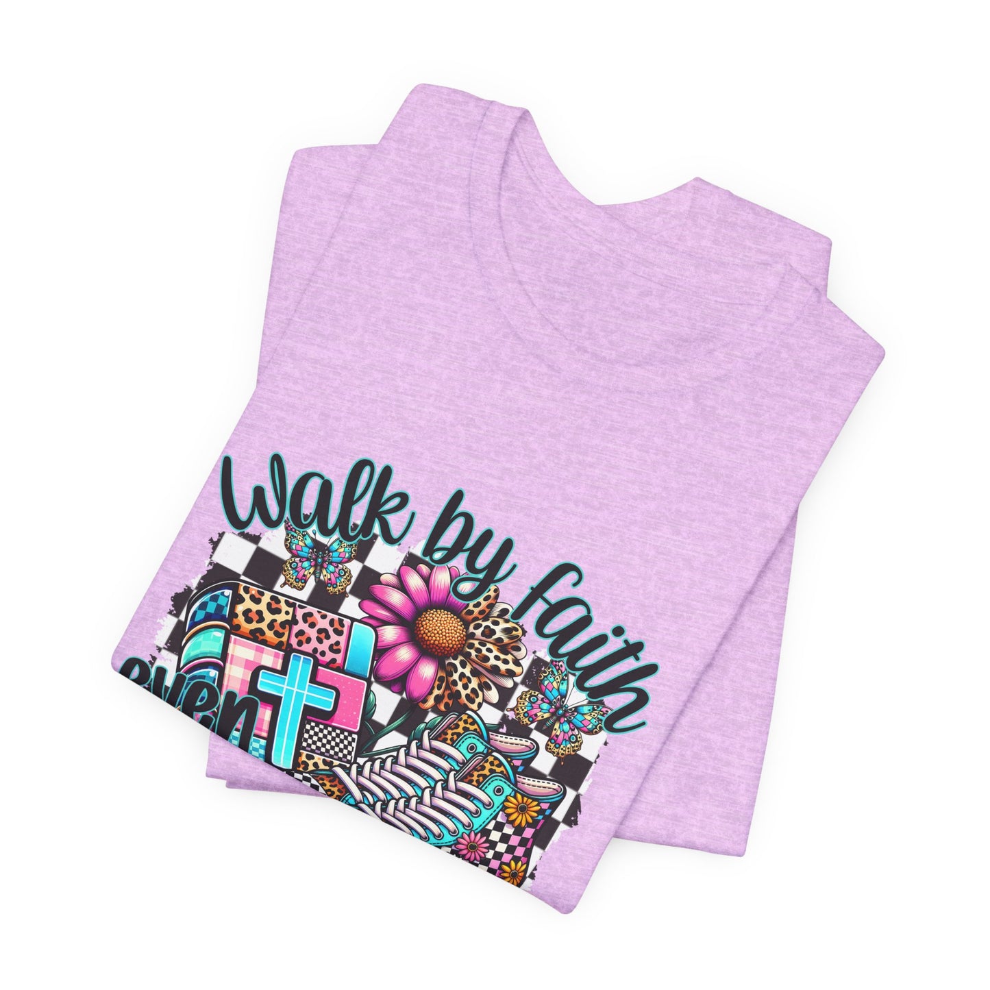 Faith Walk T-Shirt - "Walk by Faith Even When You Can't See" Christian Tee with Colorful Cross & Sneakers Design