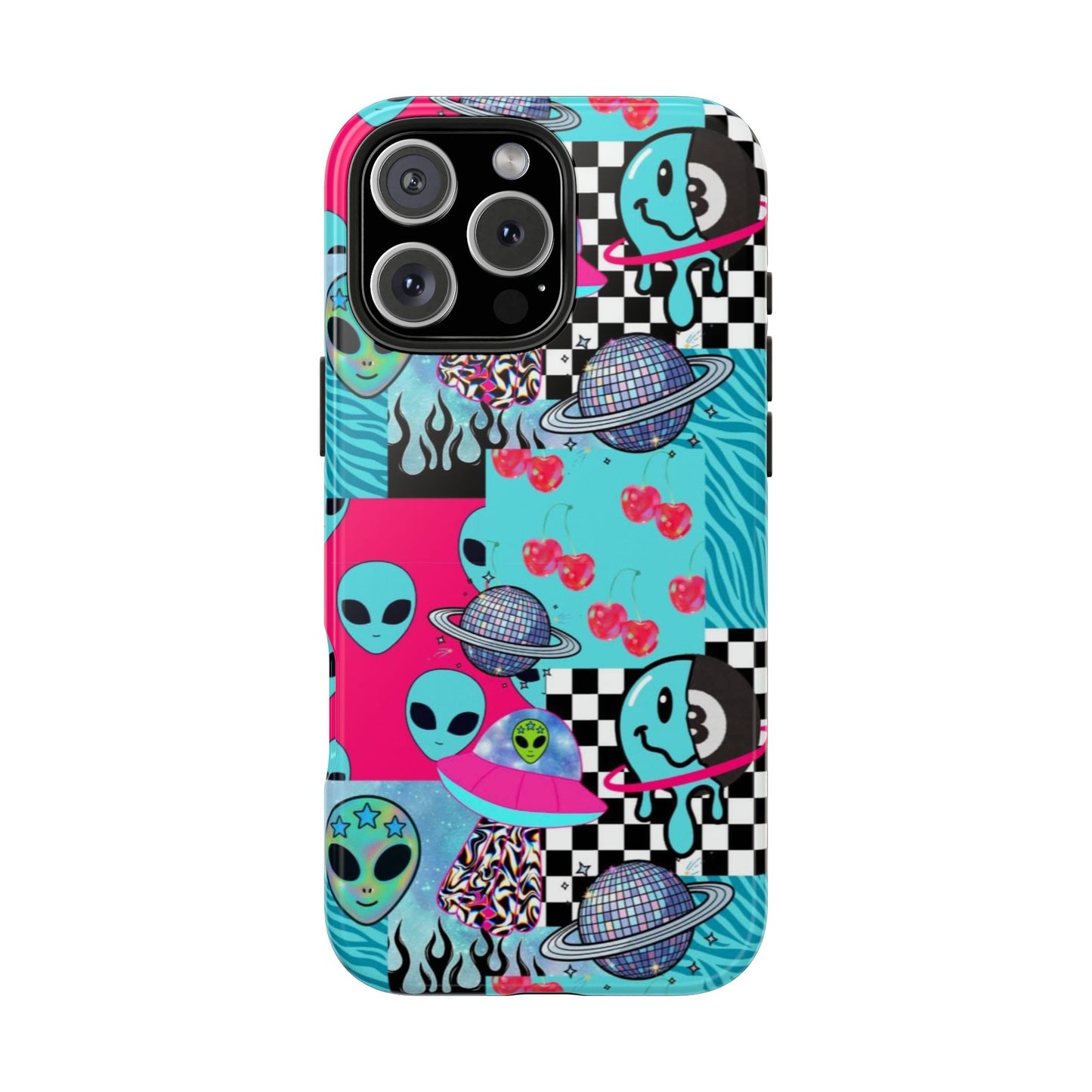 Alien Collage Tough Phone Case — Retro Checkerboard, Planets & Cherry Pop Design
