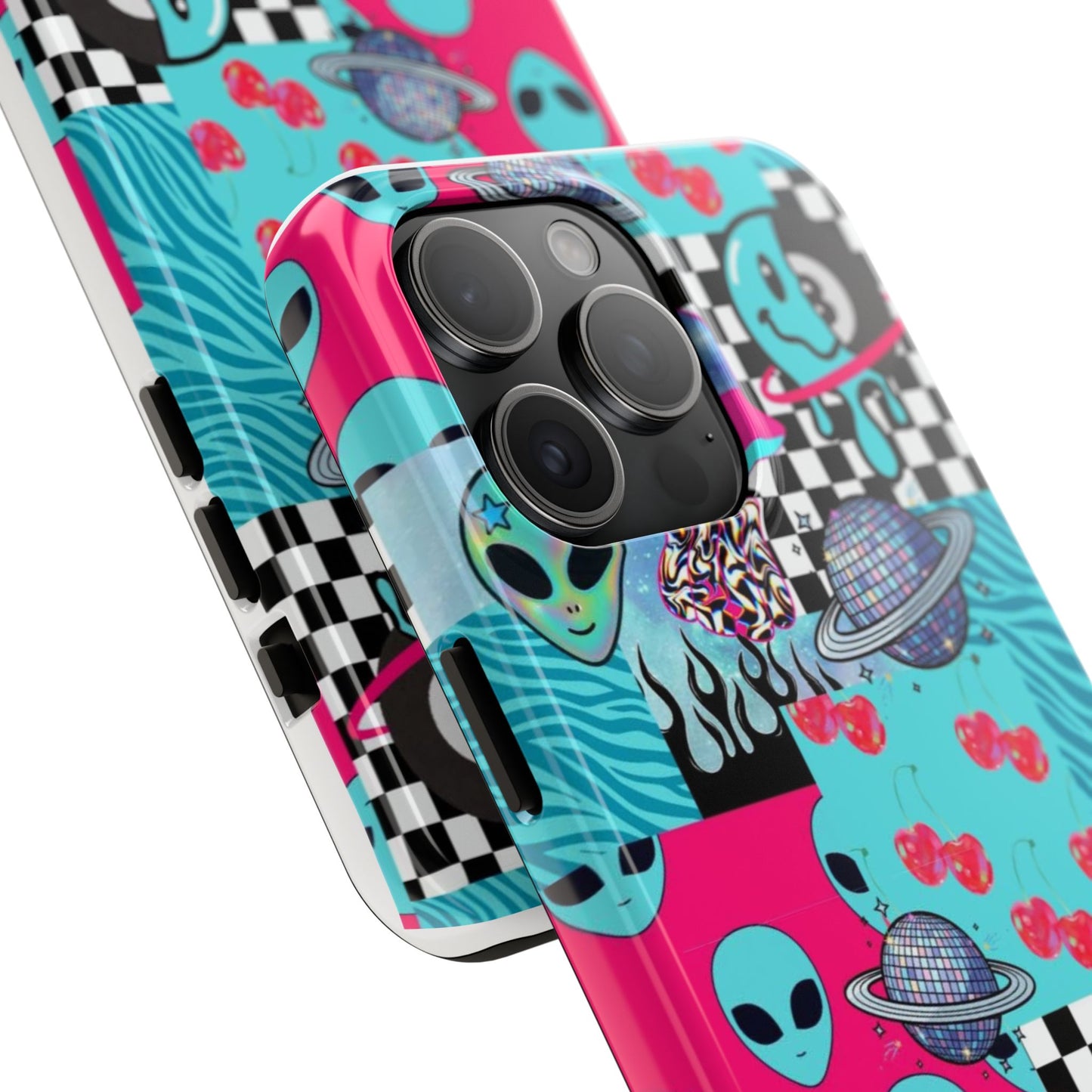 Alien Collage Tough Phone Case — Retro Checkerboard, Planets & Cherry Pop Design