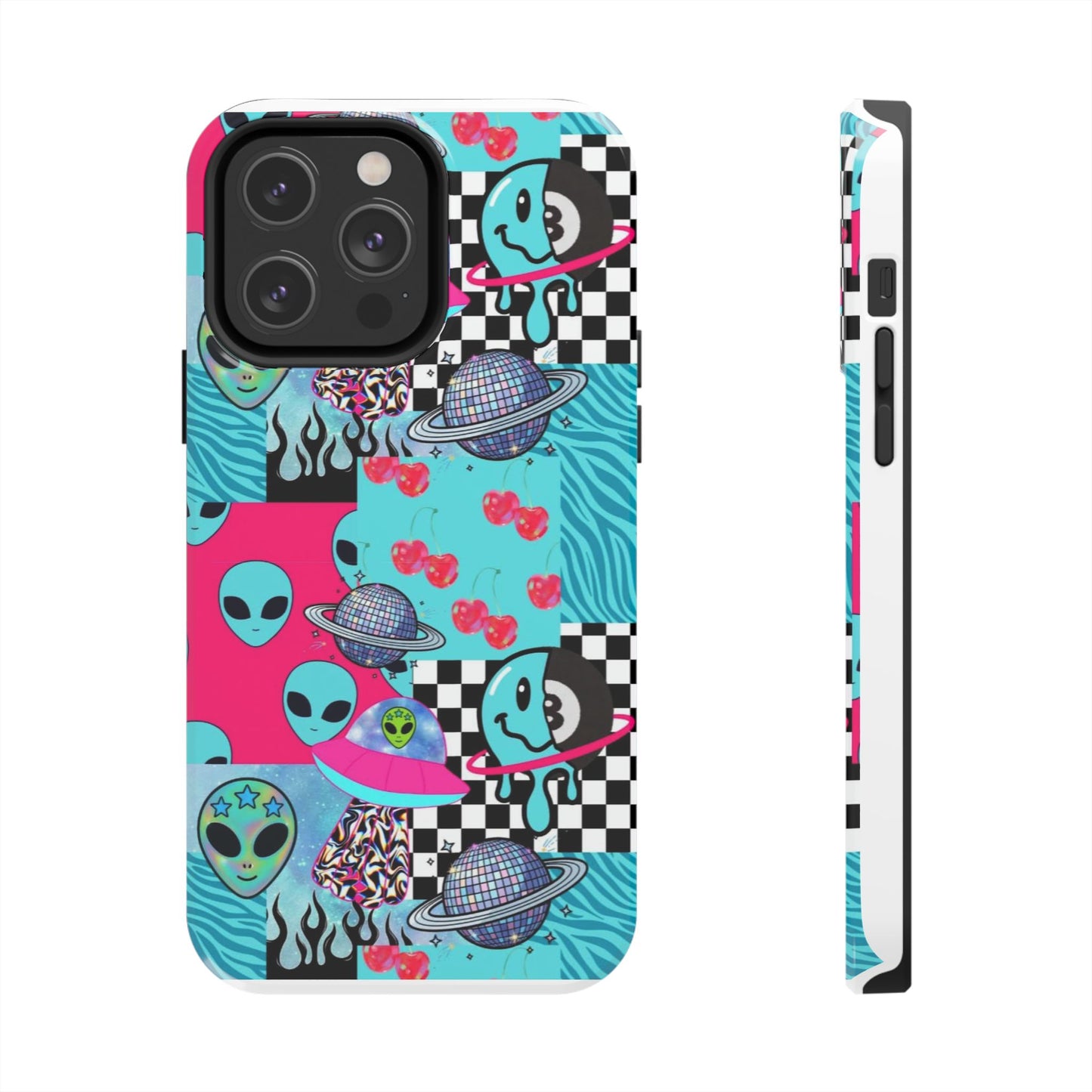 Alien Collage Tough Phone Case — Retro Checkerboard, Planets & Cherry Pop Design