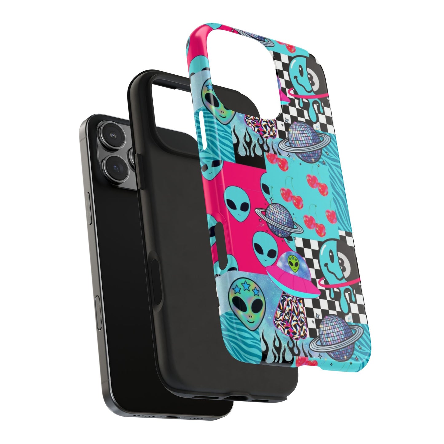 Alien Collage Tough Phone Case — Retro Checkerboard, Planets & Cherry Pop Design