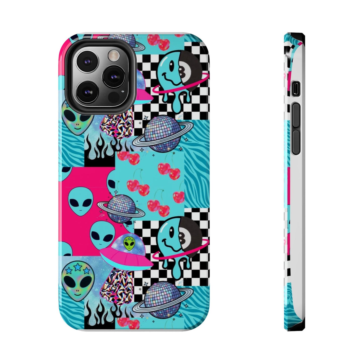 Alien Collage Tough Phone Case — Retro Checkerboard, Planets & Cherry Pop Design