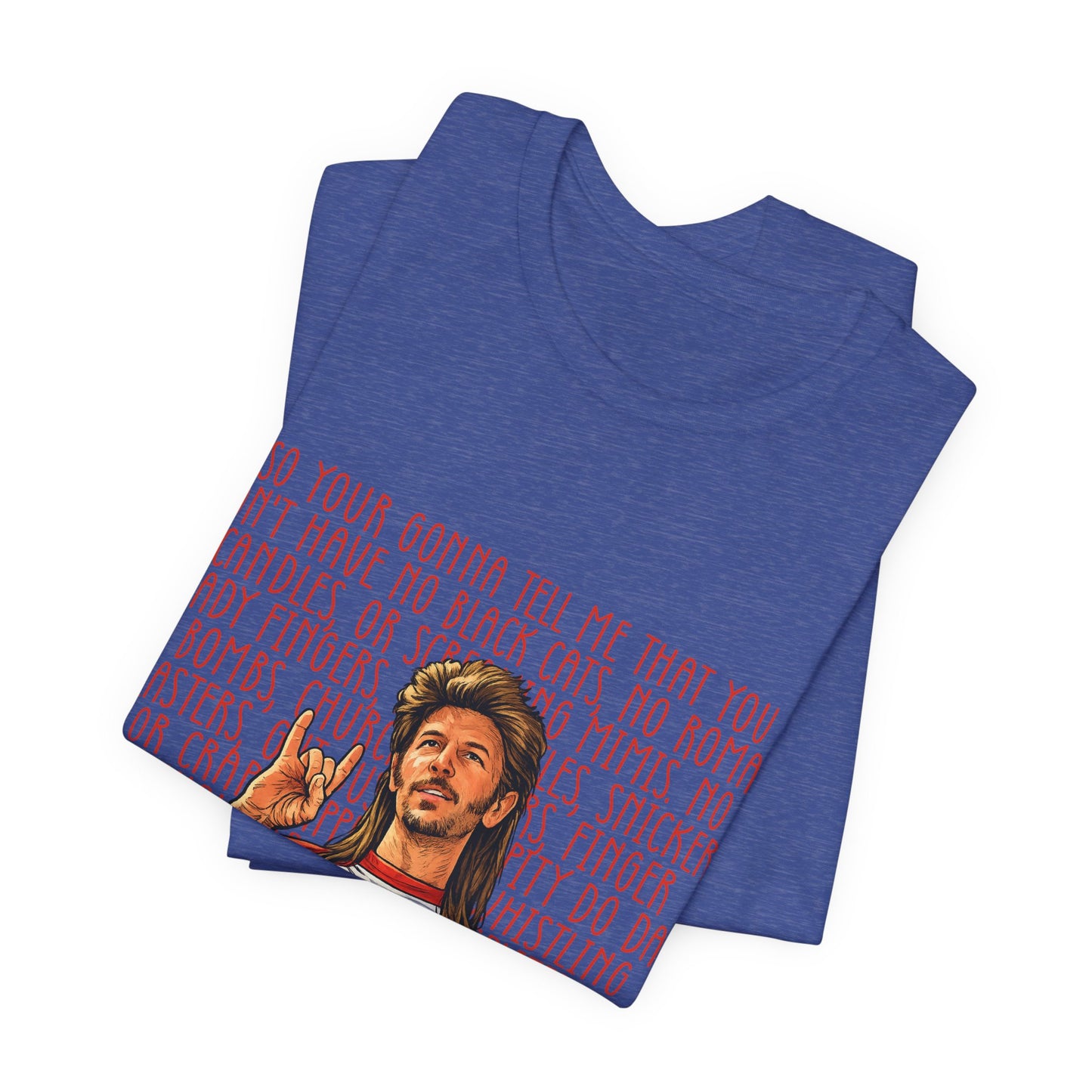 Graphic Tee — Retro Singer Illustration with Hand Gesture & Script Background