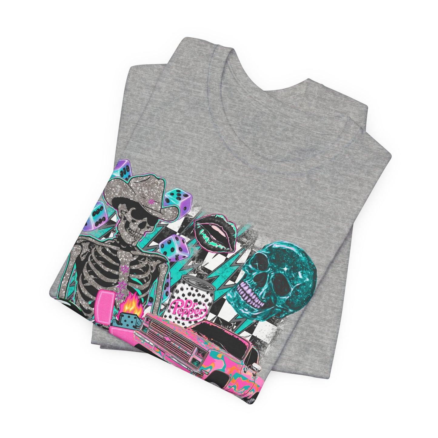 Skeleton Lowrider Tee — Retro Neon Goth Car Culture Shirt
