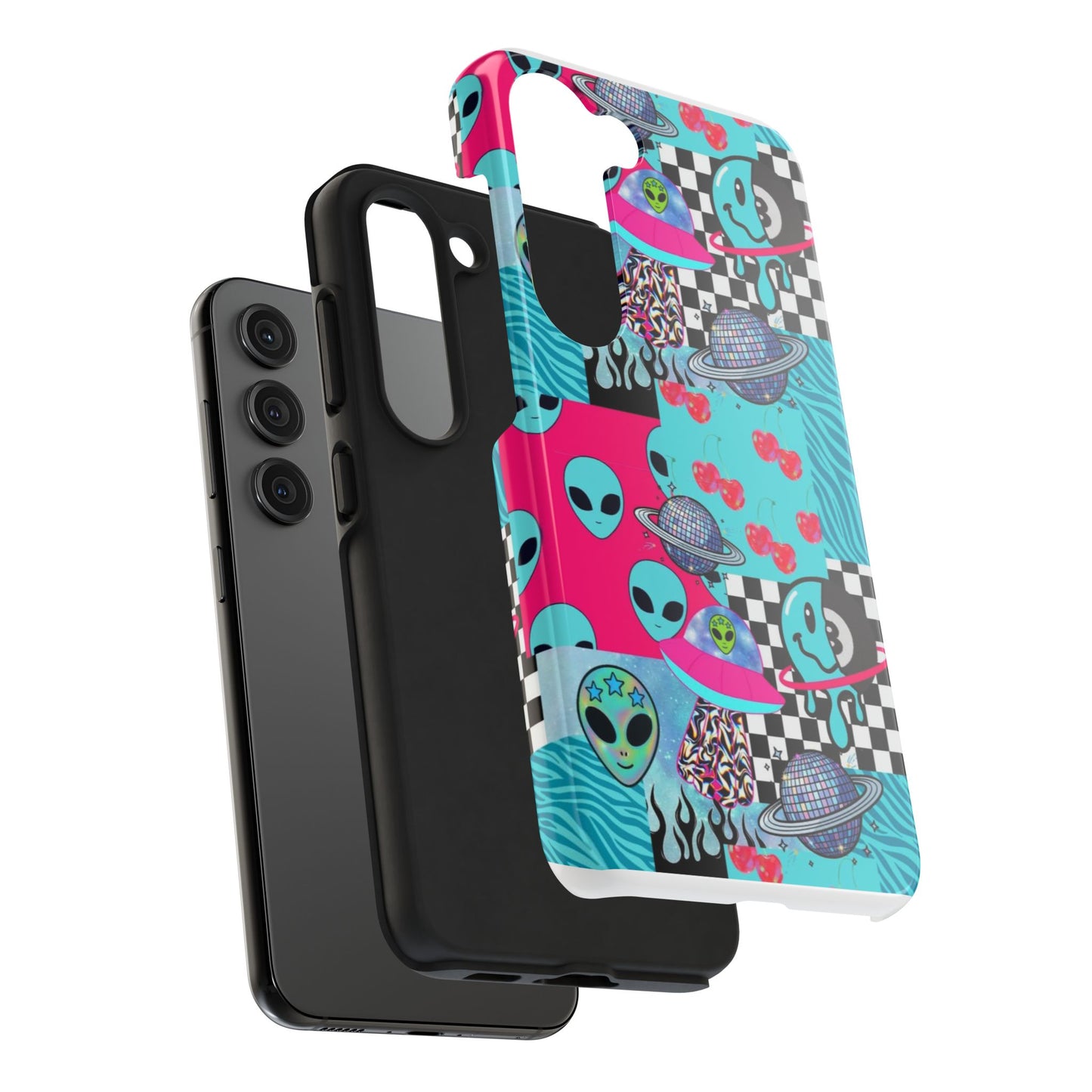 Alien Collage Tough Phone Case — Retro Checkerboard, Planets & Cherry Pop Design
