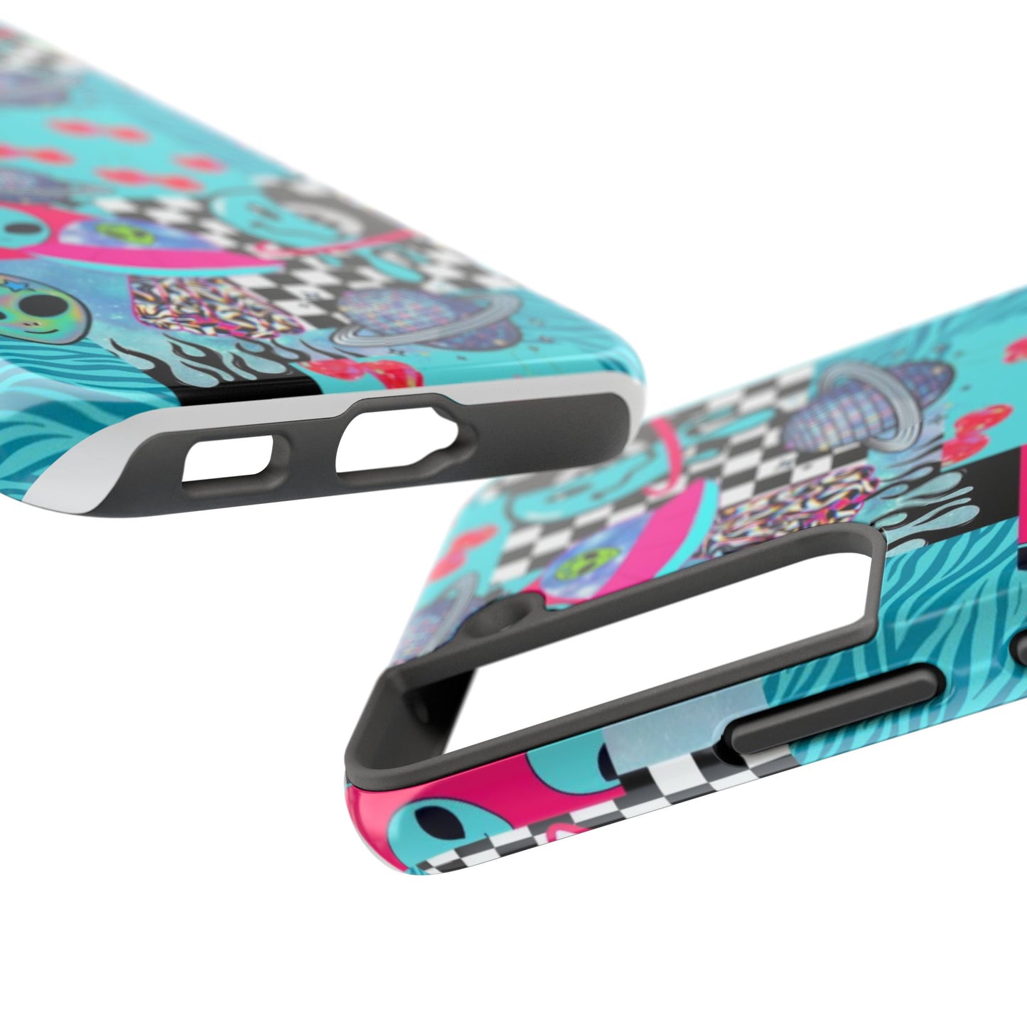 Alien Collage Tough Phone Case — Retro Checkerboard, Planets & Cherry Pop Design