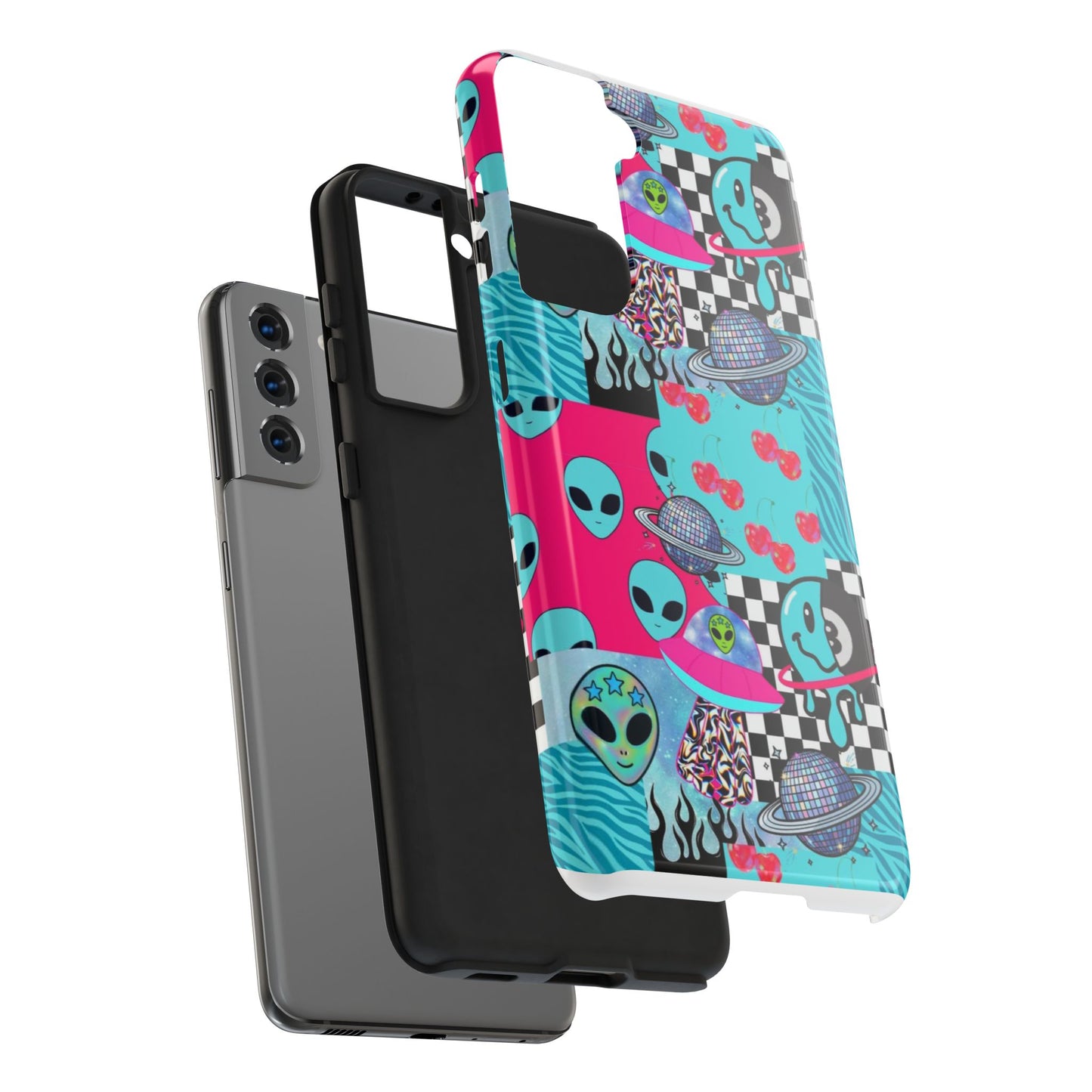 Alien Collage Tough Phone Case — Retro Checkerboard, Planets & Cherry Pop Design