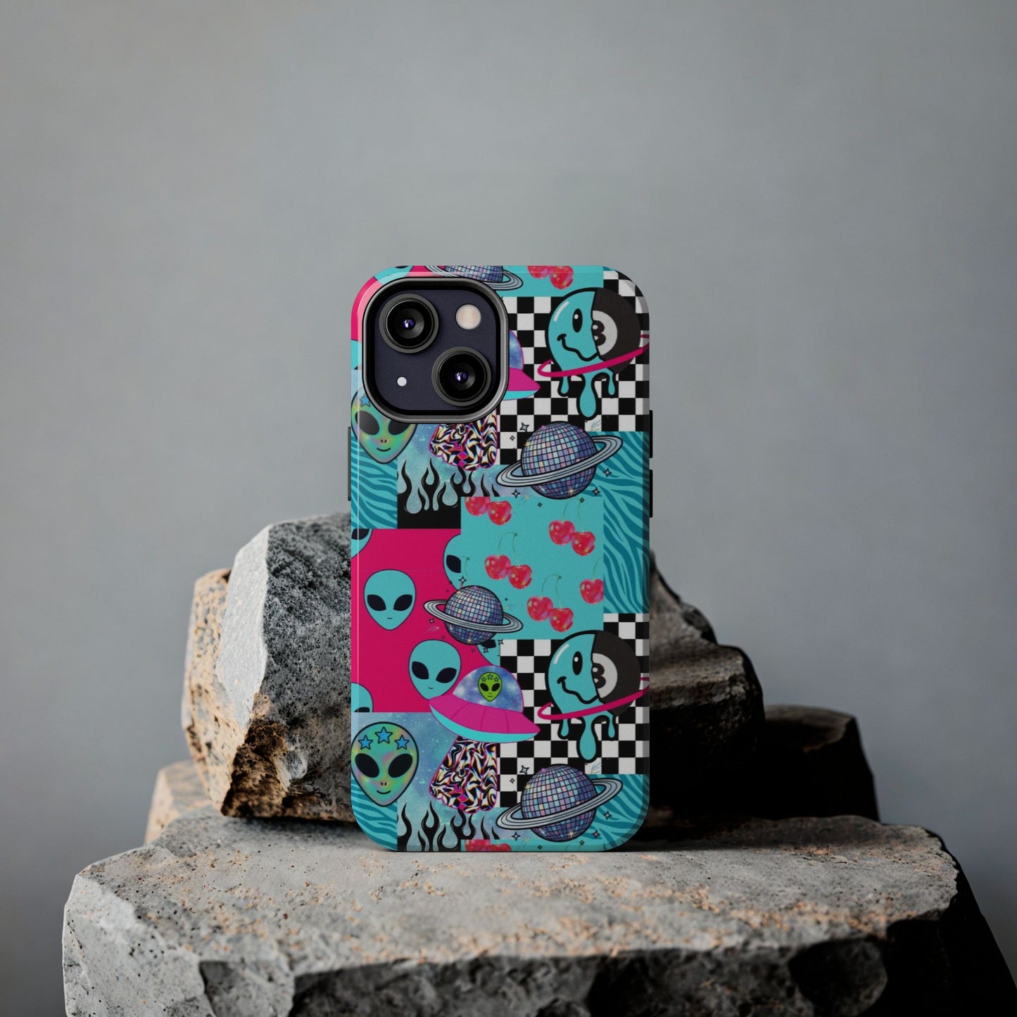 Alien Collage Tough Phone Case — Retro Checkerboard, Planets & Cherry Pop Design