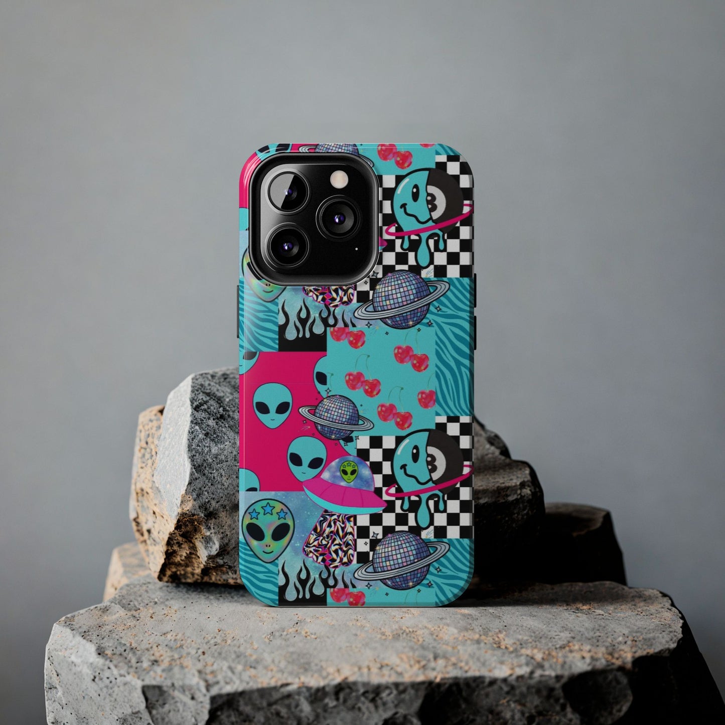 Alien Collage Tough Phone Case — Retro Checkerboard, Planets & Cherry Pop Design