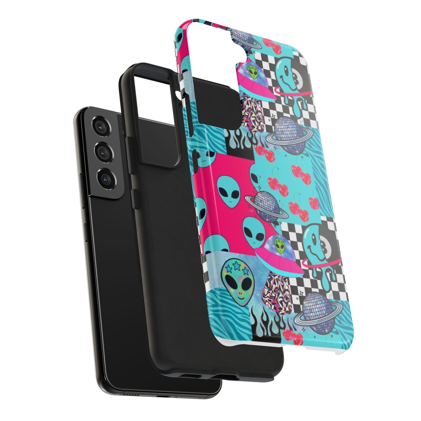 Alien Collage Tough Phone Case — Retro Checkerboard, Planets & Cherry Pop Design