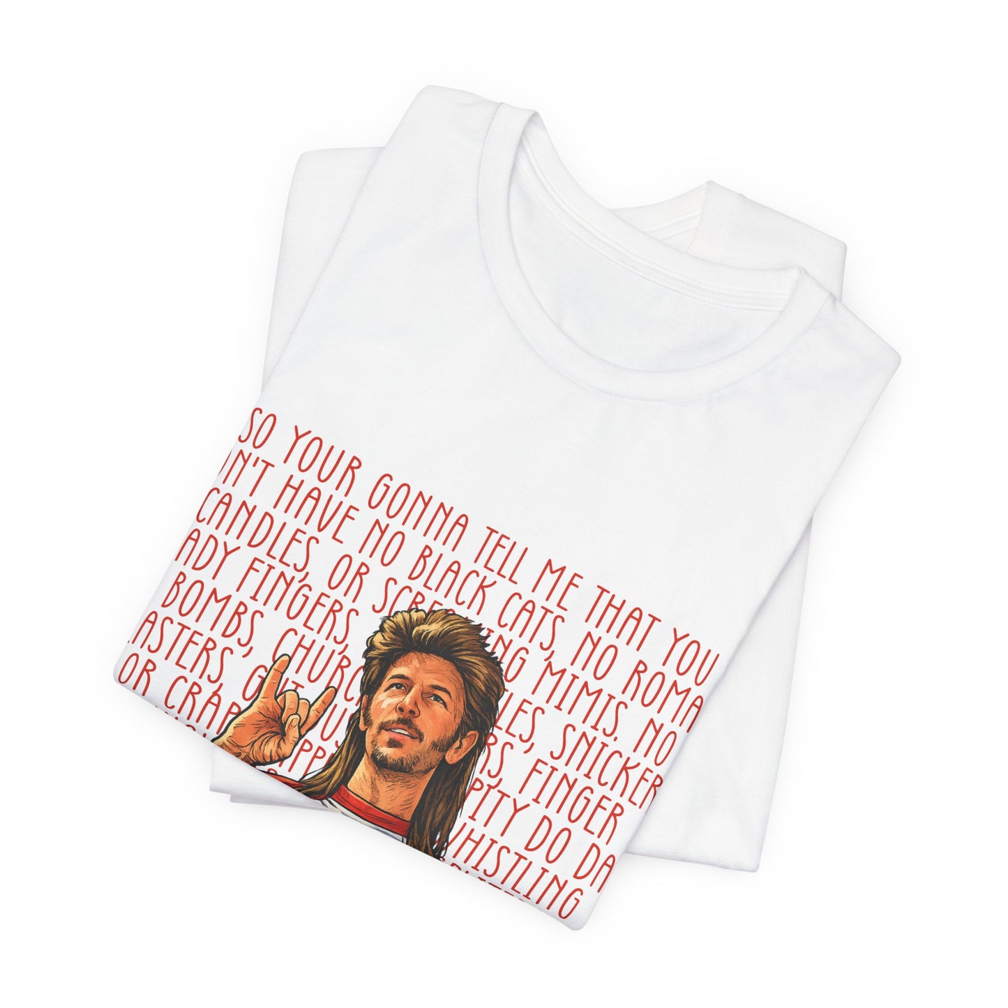 Graphic Tee — Retro Singer Illustration with Hand Gesture & Script Background