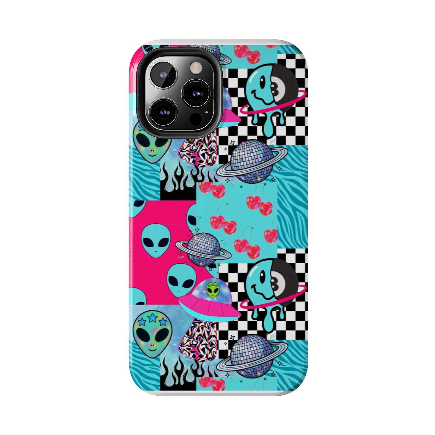 Alien Collage Tough Phone Case — Retro Checkerboard, Planets & Cherry Pop Design
