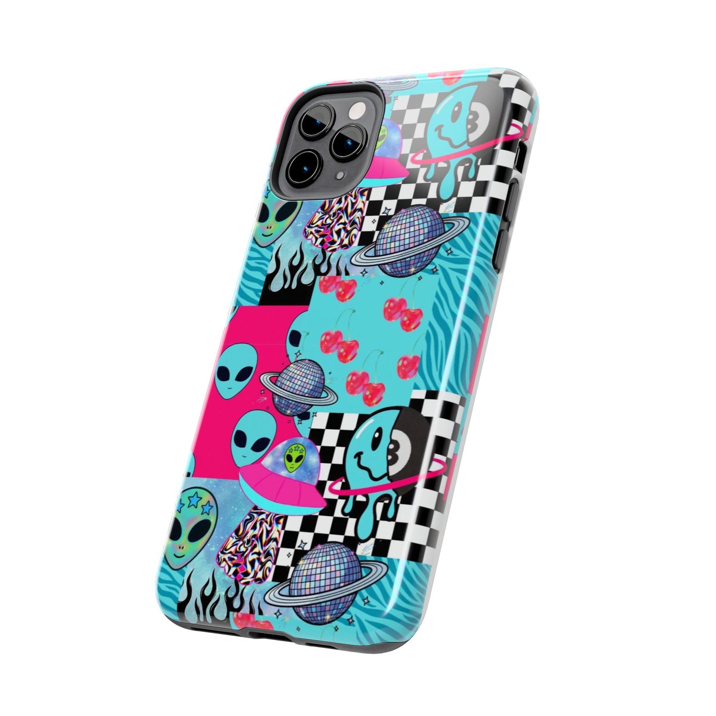 Alien Collage Tough Phone Case — Retro Checkerboard, Planets & Cherry Pop Design