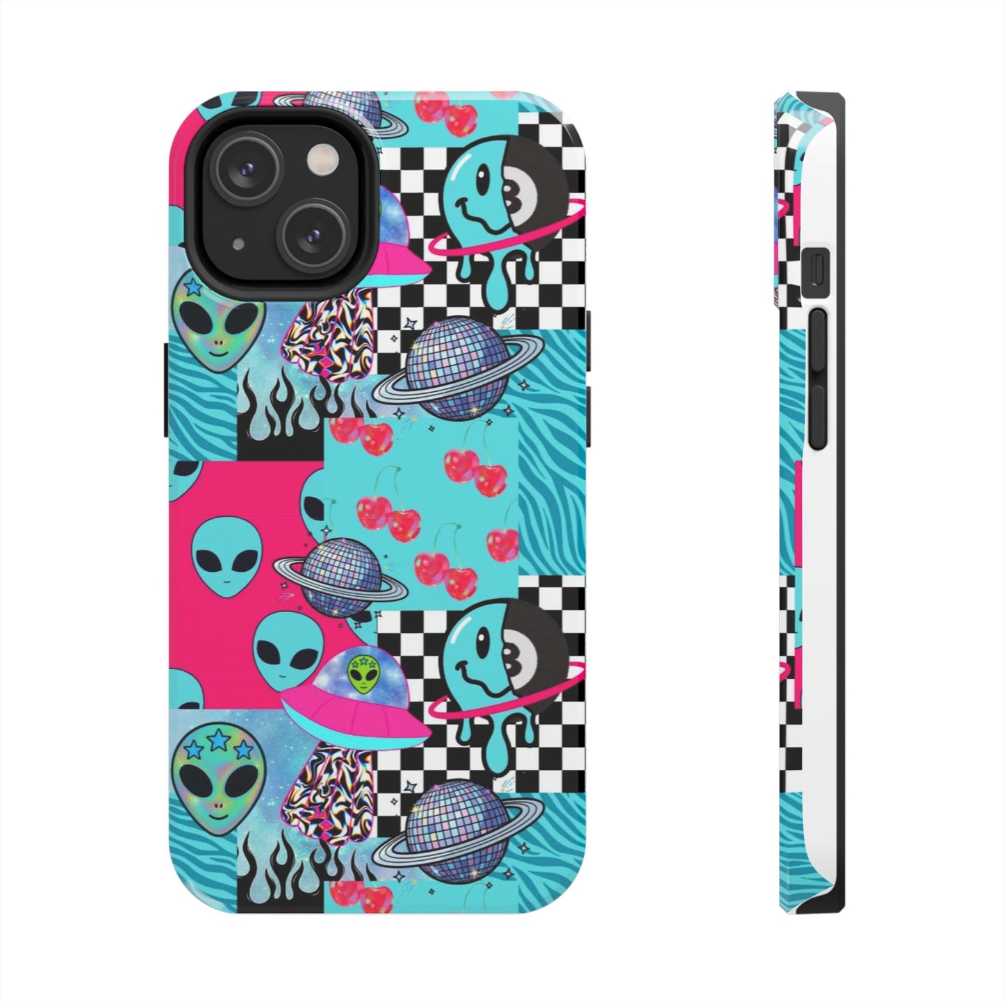 Alien Collage Tough Phone Case — Retro Checkerboard, Planets & Cherry Pop Design