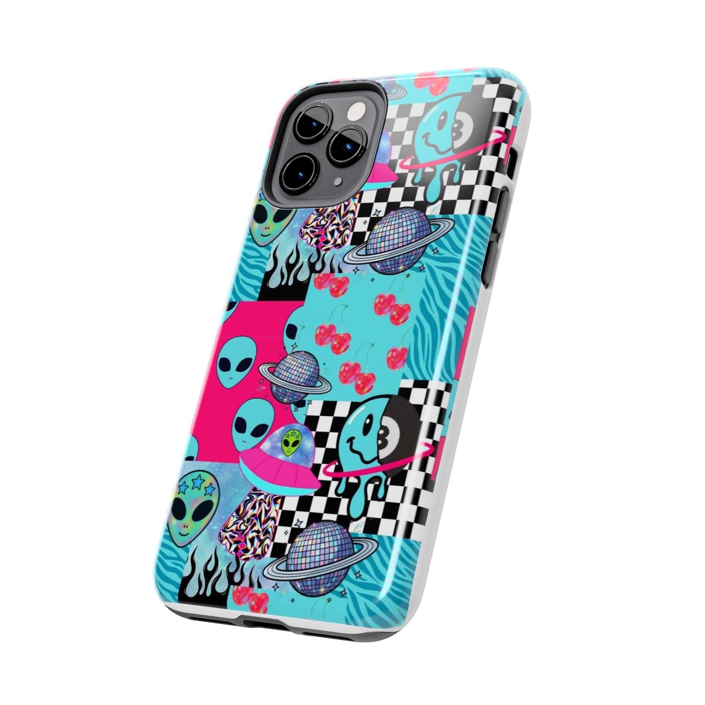 Alien Collage Tough Phone Case — Retro Checkerboard, Planets & Cherry Pop Design