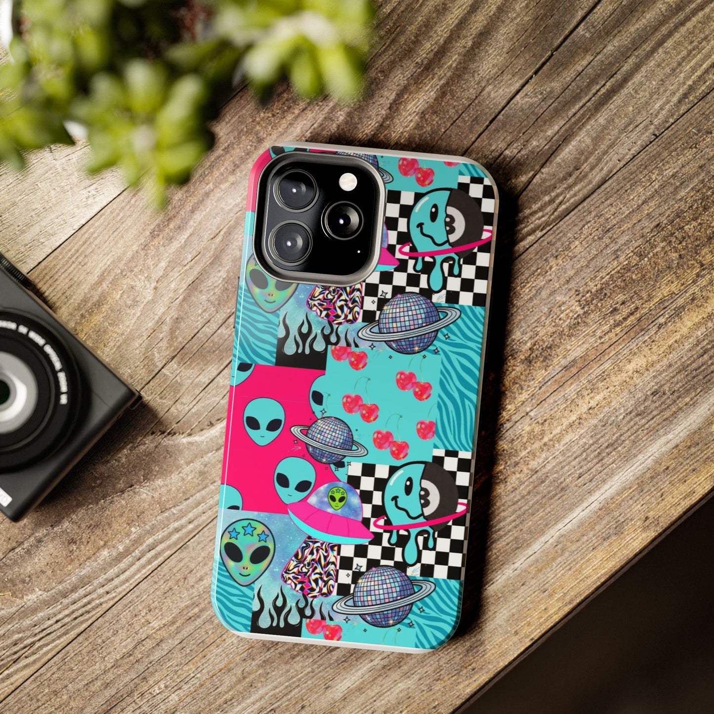 Alien Collage Tough Phone Case — Retro Checkerboard, Planets & Cherry Pop Design
