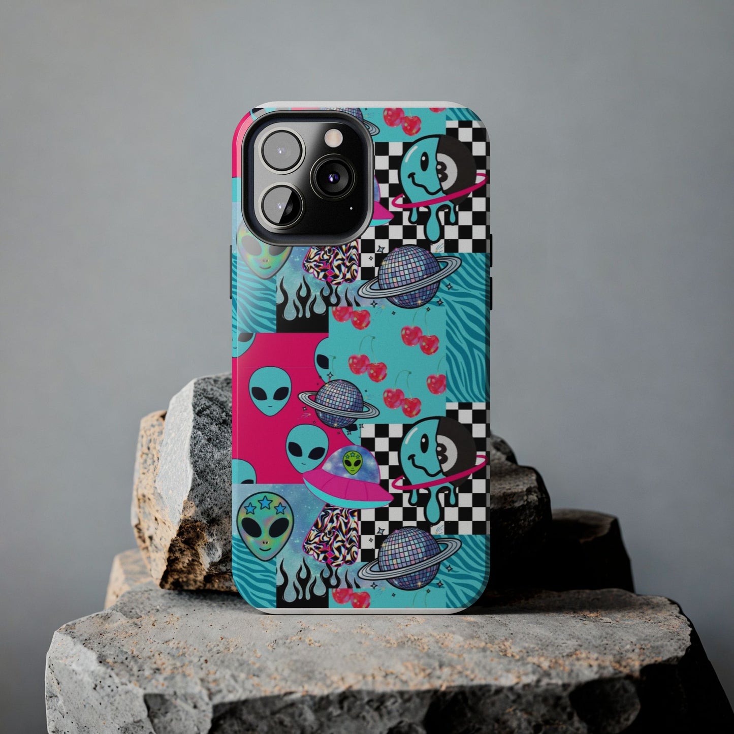 Alien Collage Tough Phone Case — Retro Checkerboard, Planets & Cherry Pop Design