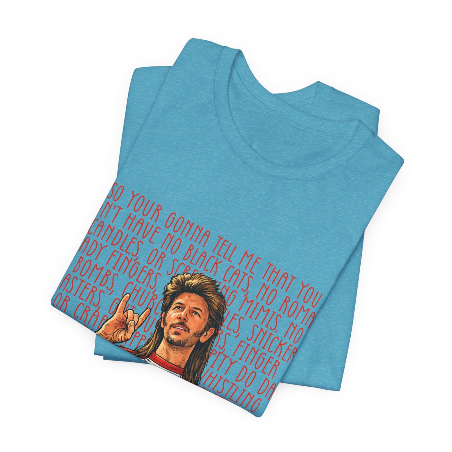 Graphic Tee — Retro Singer Illustration with Hand Gesture & Script Background