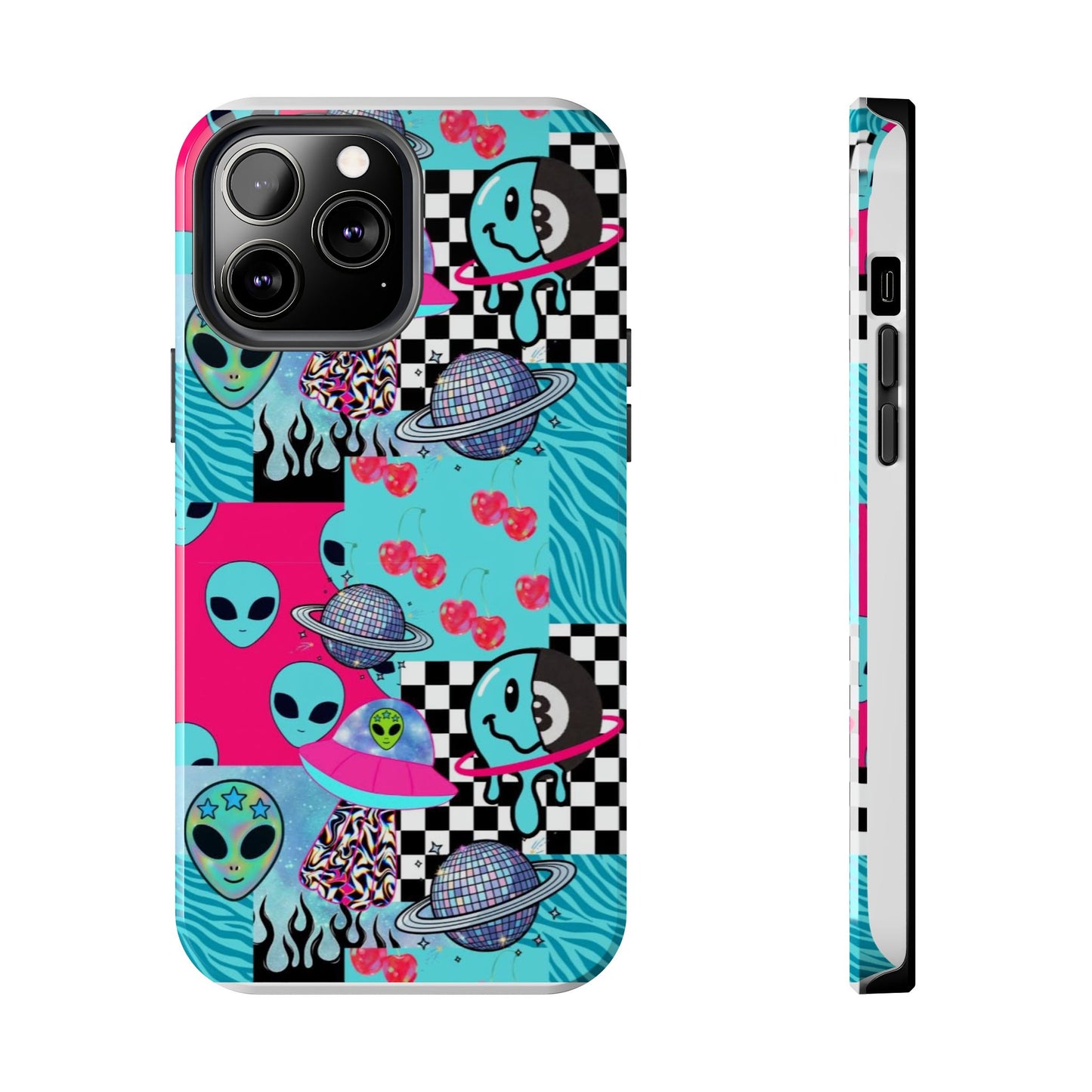 Alien Collage Tough Phone Case — Retro Checkerboard, Planets & Cherry Pop Design