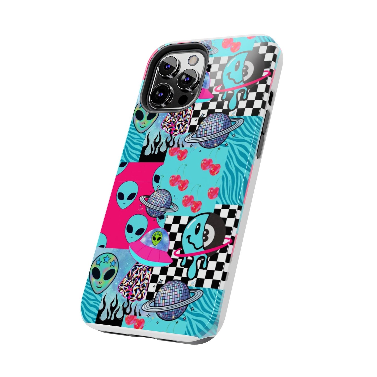 Alien Collage Tough Phone Case — Retro Checkerboard, Planets & Cherry Pop Design
