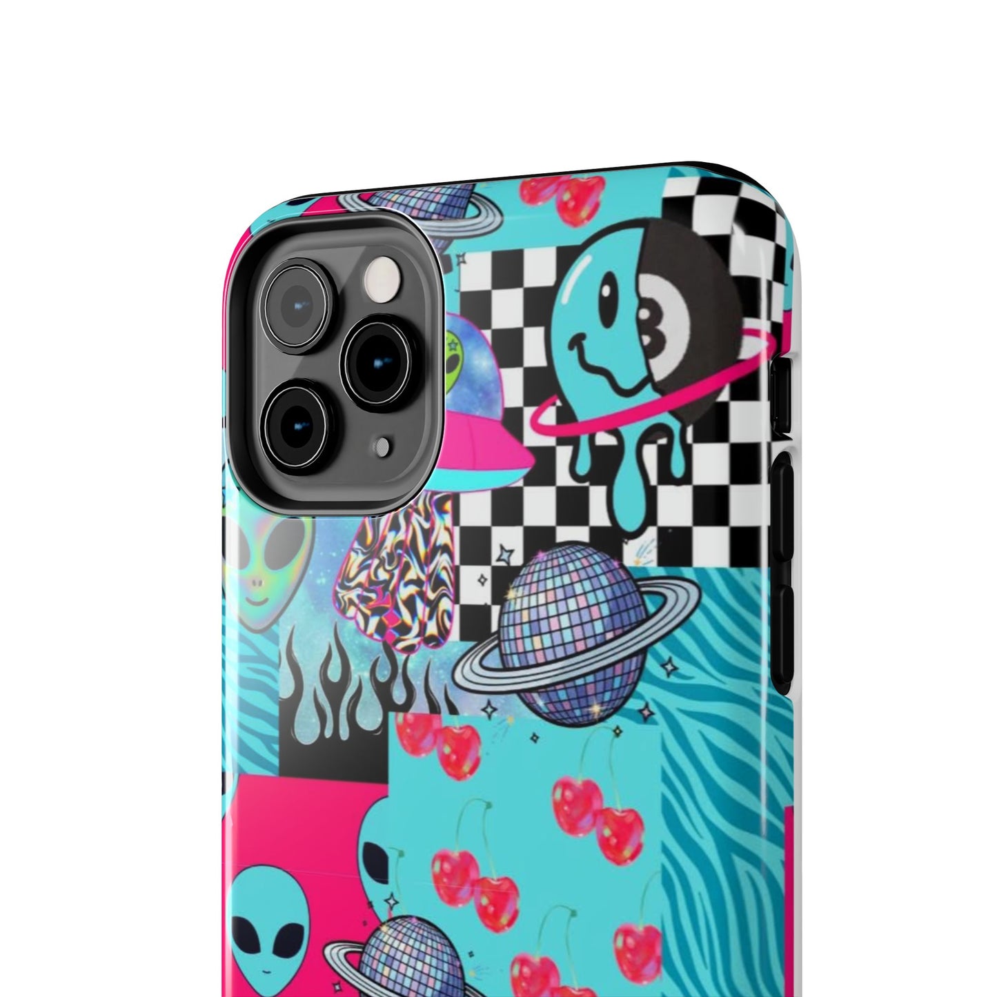 Alien Collage Tough Phone Case — Retro Checkerboard, Planets & Cherry Pop Design