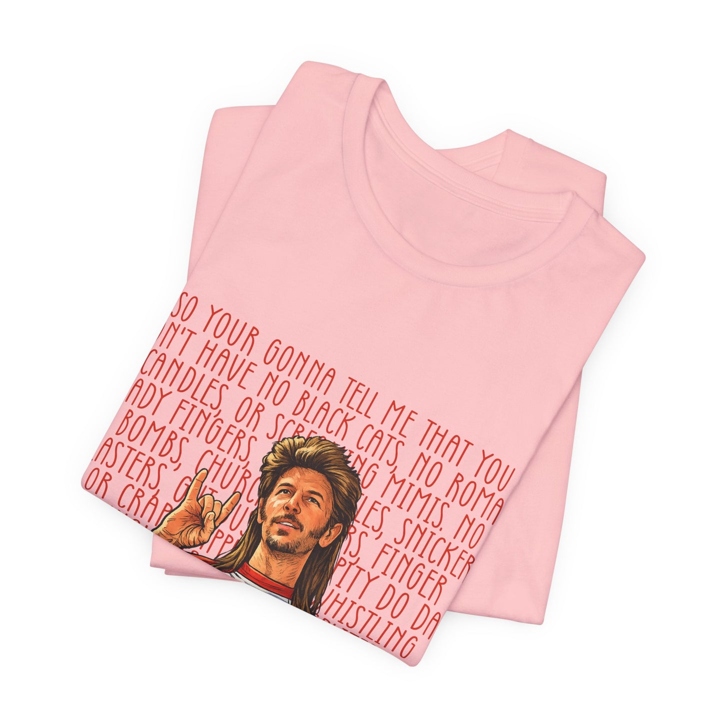 Graphic Tee — Retro Singer Illustration with Hand Gesture & Script Background