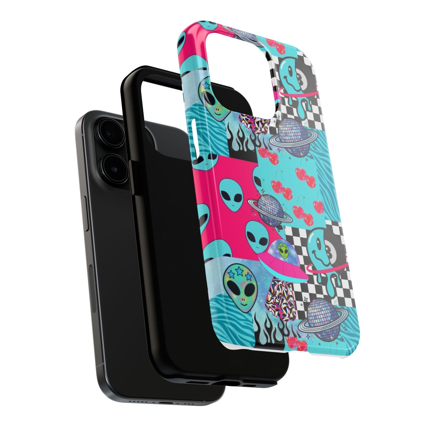Alien Collage Tough Phone Case — Retro Checkerboard, Planets & Cherry Pop Design