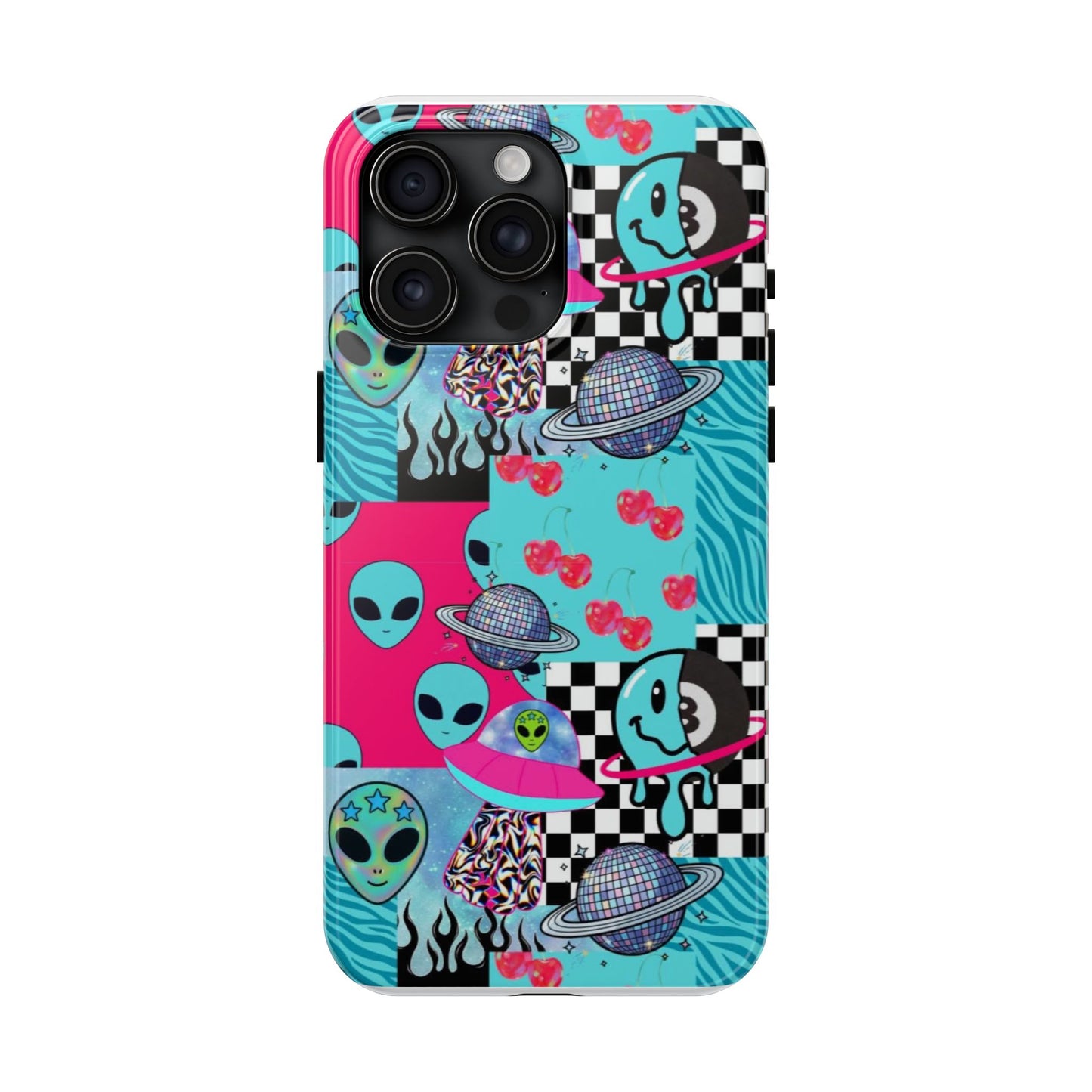 Alien Collage Tough Phone Case — Retro Checkerboard, Planets & Cherry Pop Design