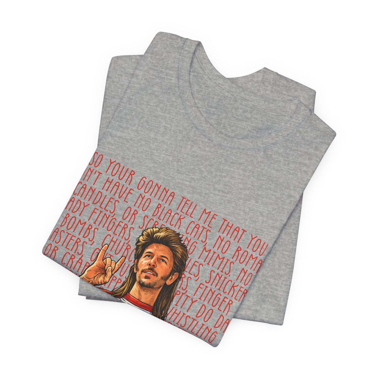 Graphic Tee — Retro Singer Illustration with Hand Gesture & Script Background