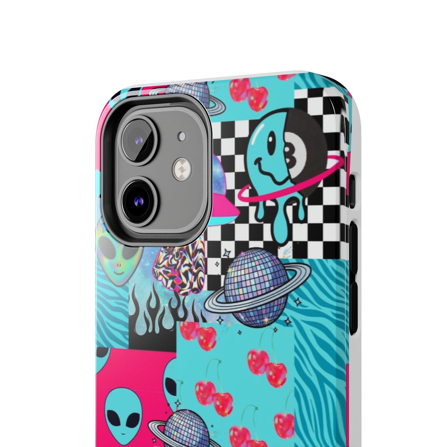 Alien Collage Tough Phone Case — Retro Checkerboard, Planets & Cherry Pop Design