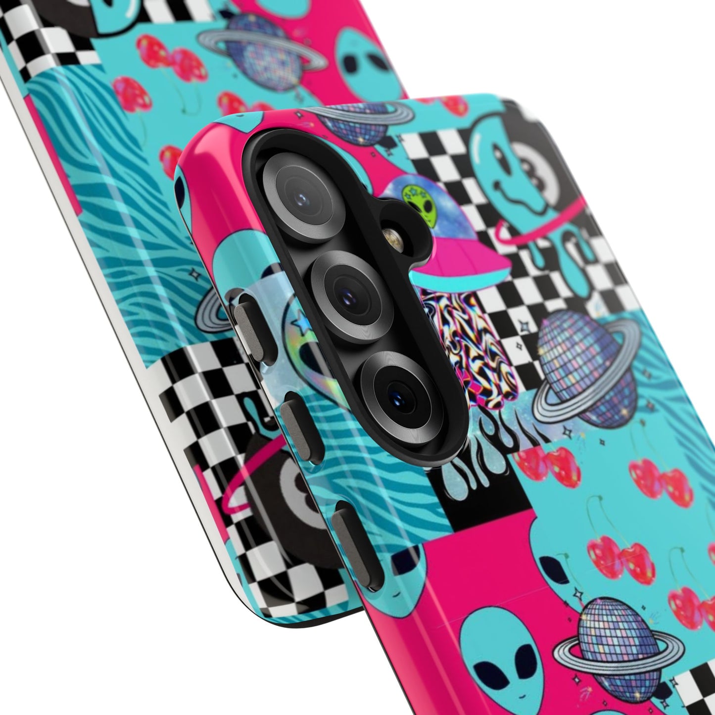 Alien Collage Tough Phone Case — Retro Checkerboard, Planets & Cherry Pop Design