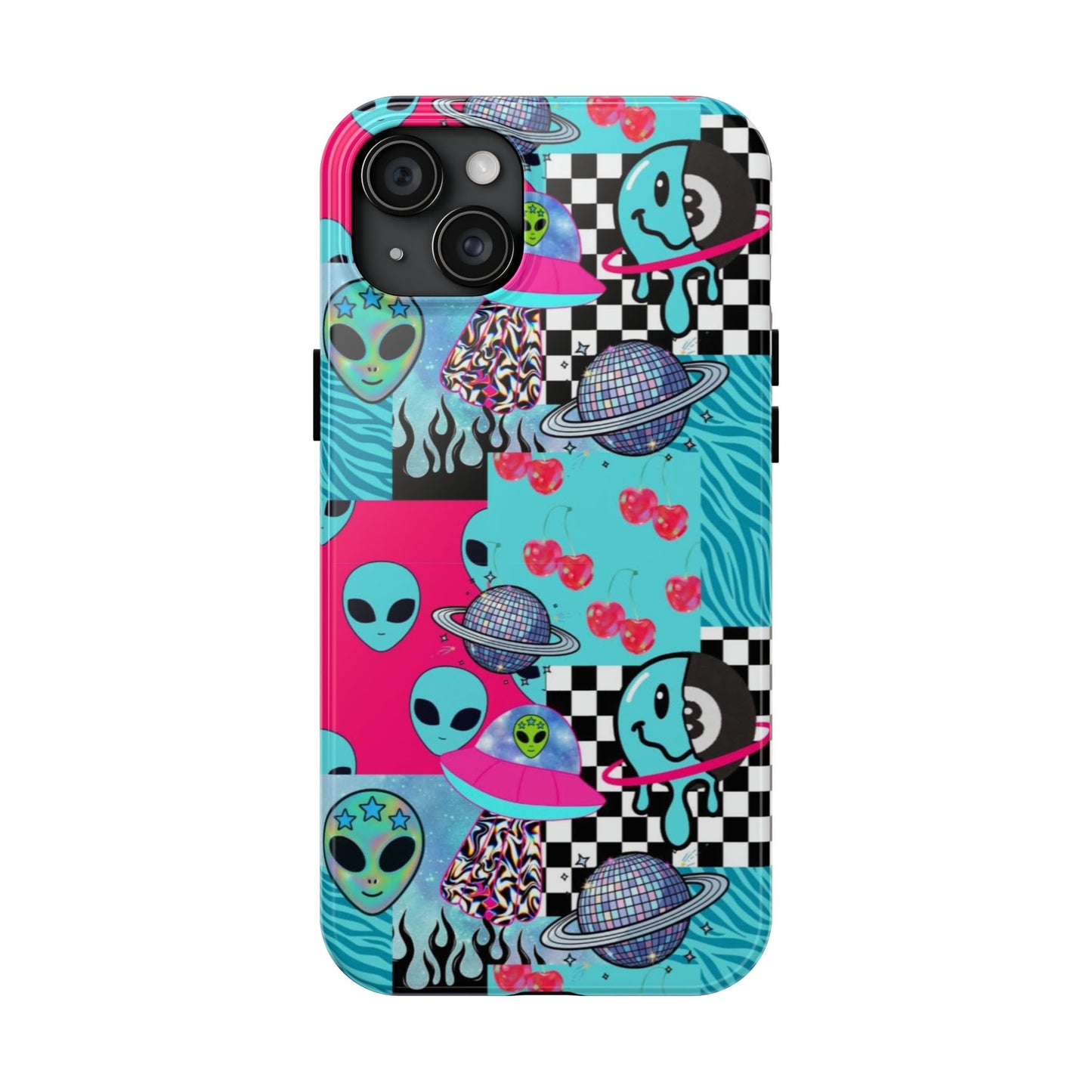 Alien Collage Tough Phone Case — Retro Checkerboard, Planets & Cherry Pop Design