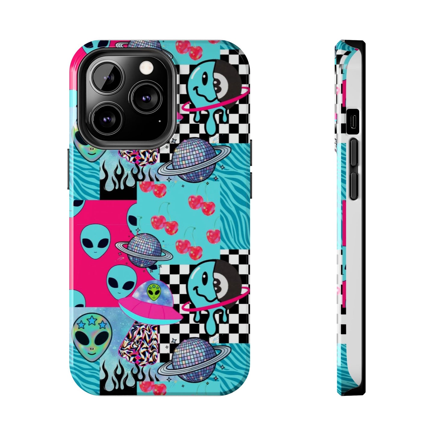 Alien Collage Tough Phone Case — Retro Checkerboard, Planets & Cherry Pop Design