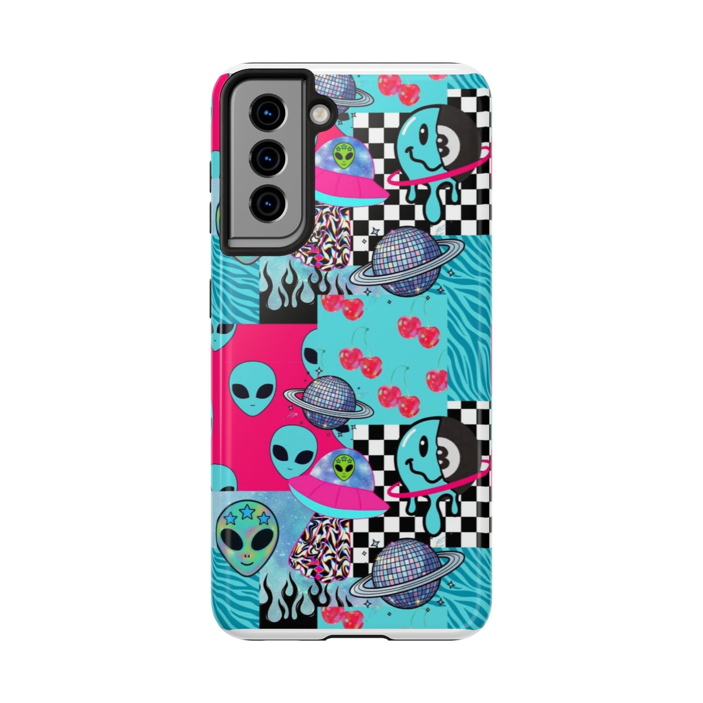 Alien Collage Tough Phone Case — Retro Checkerboard, Planets & Cherry Pop Design