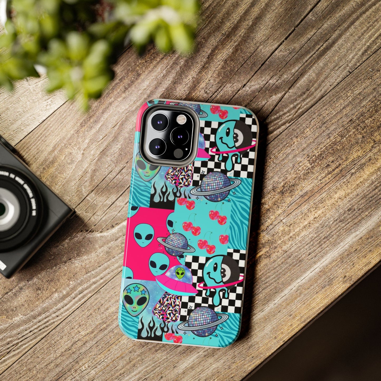 Alien Collage Tough Phone Case — Retro Checkerboard, Planets & Cherry Pop Design