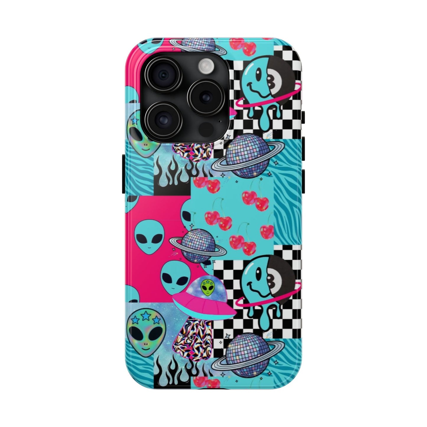 Alien Collage Tough Phone Case — Retro Checkerboard, Planets & Cherry Pop Design