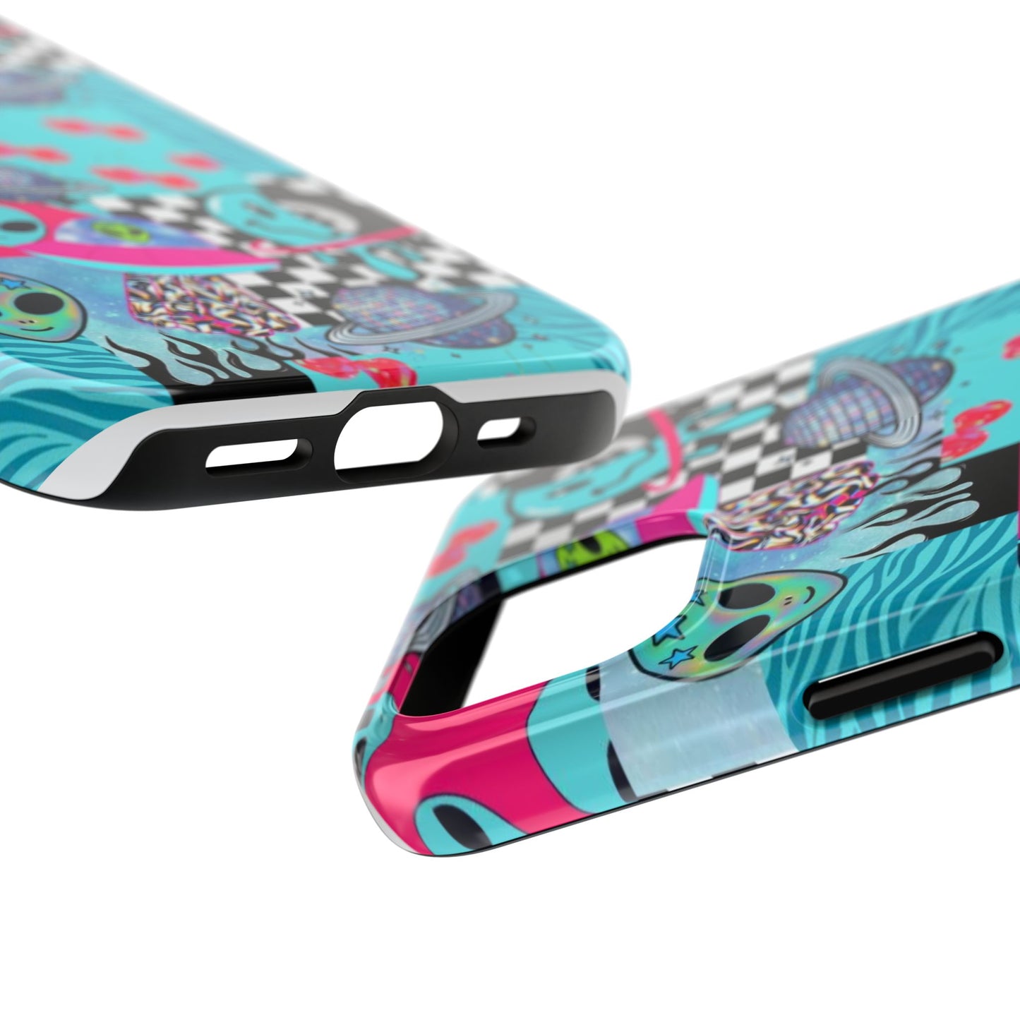 Alien Collage Tough Phone Case — Retro Checkerboard, Planets & Cherry Pop Design