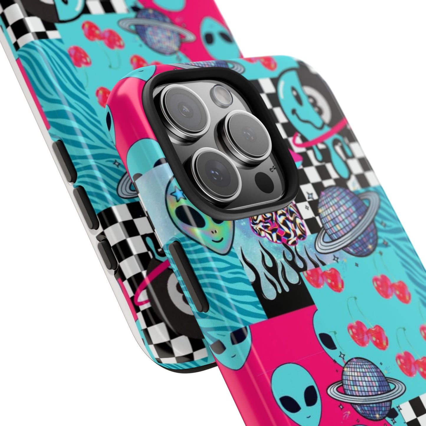 Alien Collage Tough Phone Case — Retro Checkerboard, Planets & Cherry Pop Design
