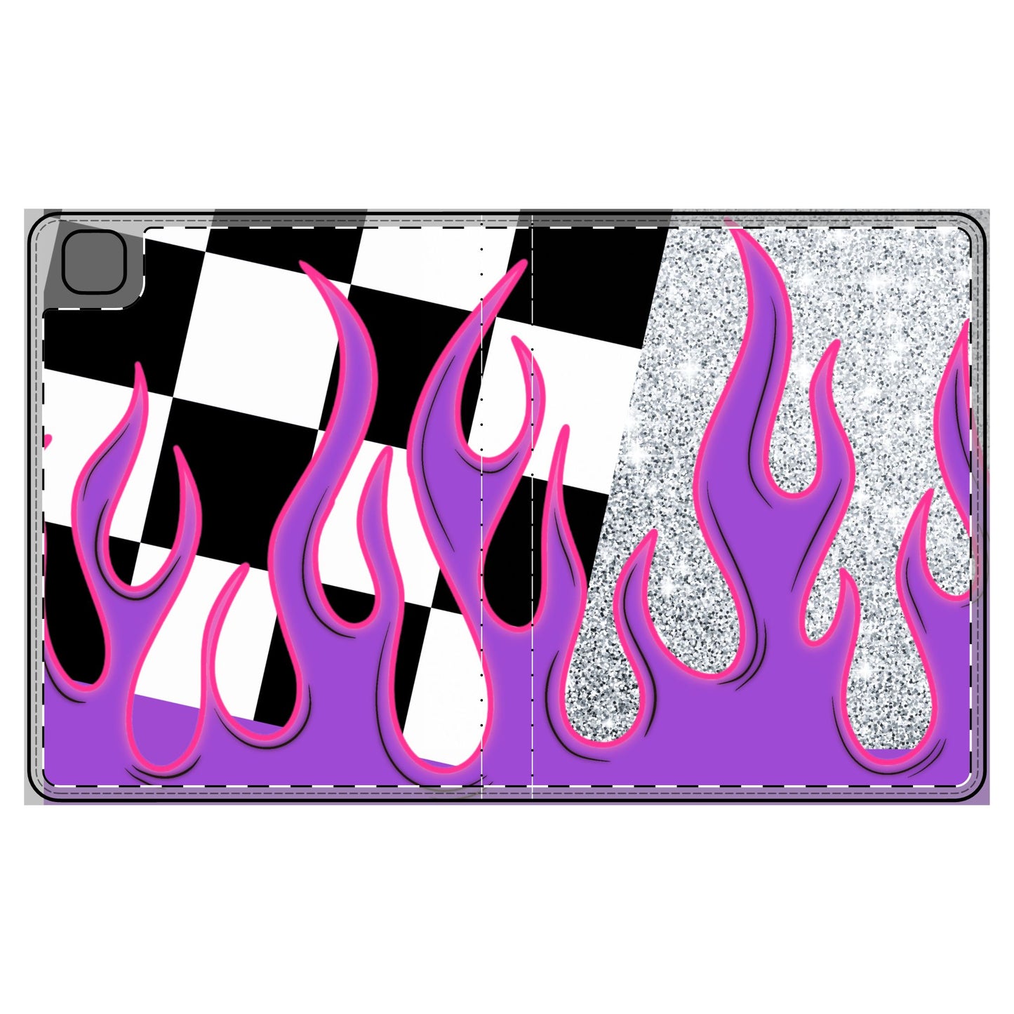 Purple Flame Checkered Tablet Folio Case — Glitter Accent, Retro Racer Vibe