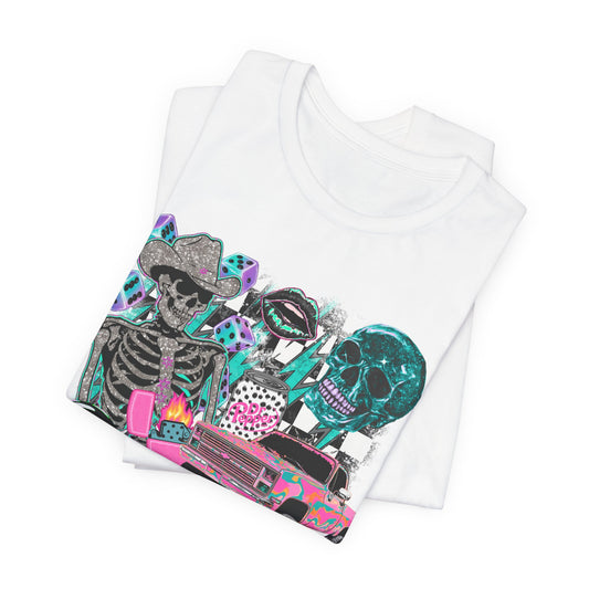 Skeleton Lowrider Tee — Retro Neon Goth Car Culture Shirt