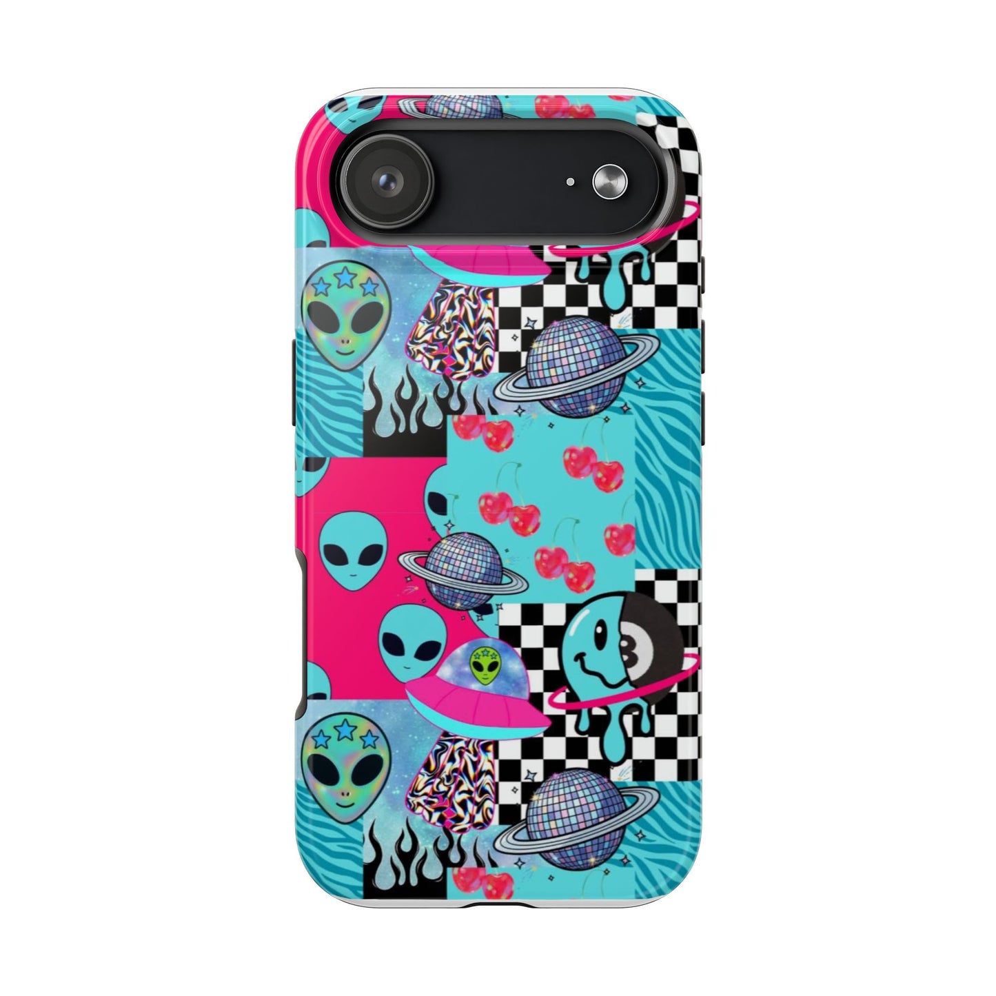 Alien Collage Tough Phone Case — Retro Checkerboard, Planets & Cherry Pop Design