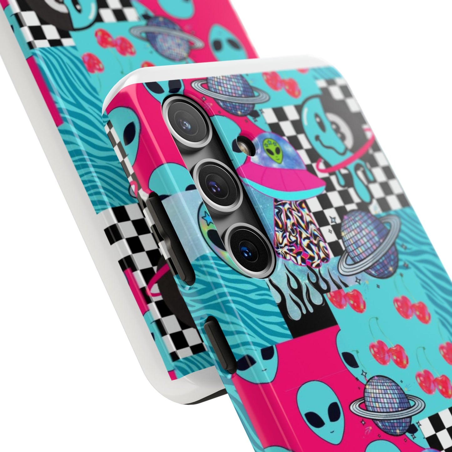 Alien Collage Tough Phone Case — Retro Checkerboard, Planets & Cherry Pop Design