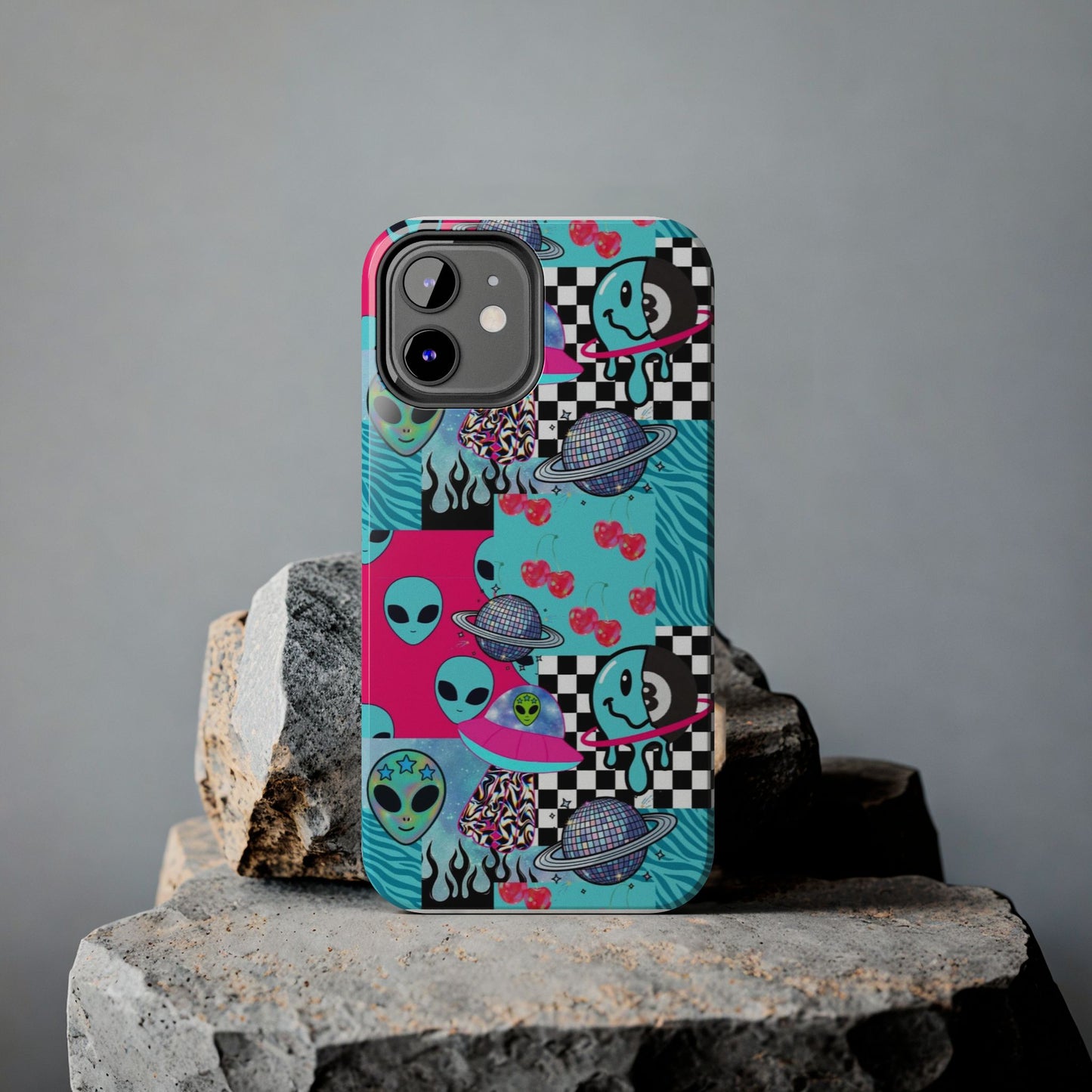 Alien Collage Tough Phone Case — Retro Checkerboard, Planets & Cherry Pop Design