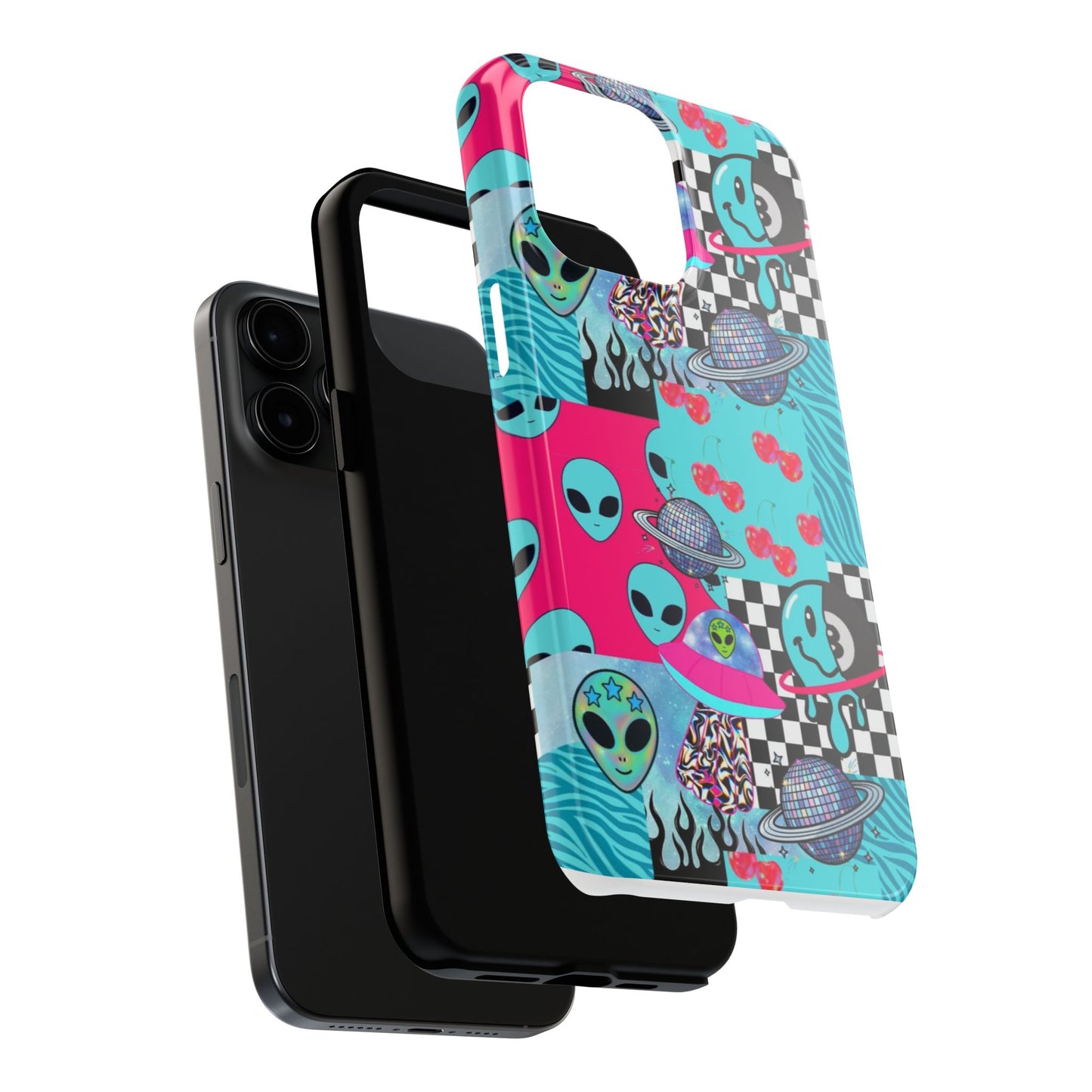 Alien Collage Tough Phone Case — Retro Checkerboard, Planets & Cherry Pop Design
